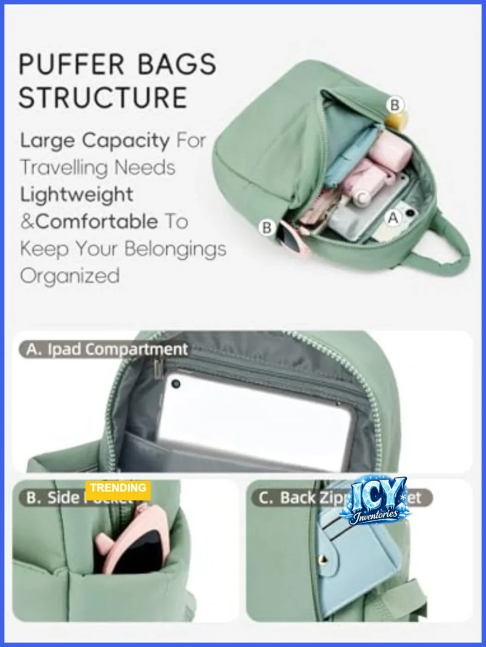 Women's Nylon Mini Puffer Backpack Lightweight Travel Daypack